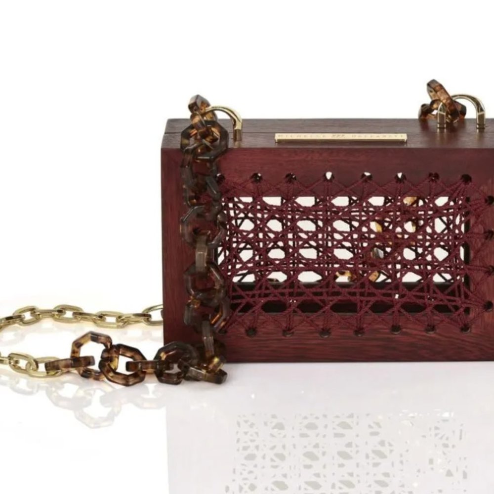 BN Michelle Daccarett Unique Oak Wood Purse Handmade in Colombia ROSE PRISM WINE